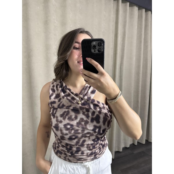 Leopar Desenli Asimetrik Bluz