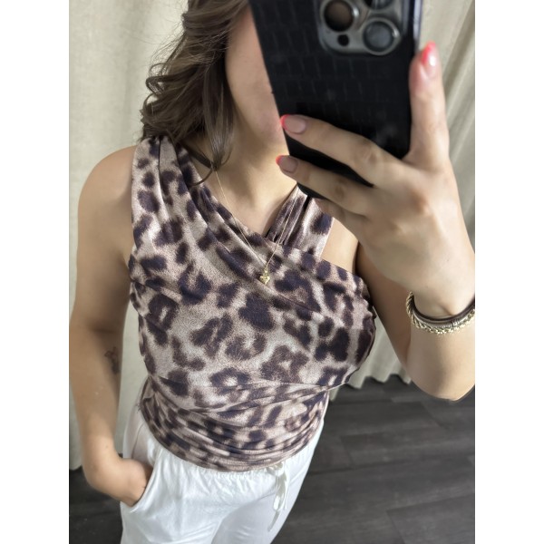 Leopar Desenli Asimetrik Bluz