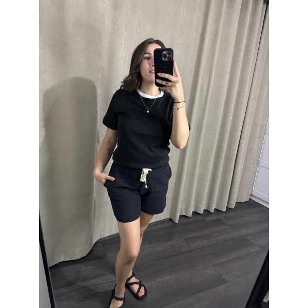 Mad Yaka Detay Siyah Basıc Tshirt